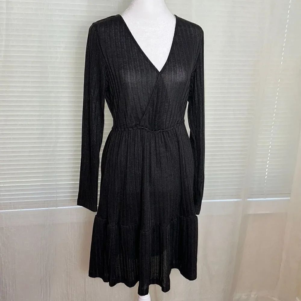 CUPSHE M Black V-Neck Long Sleeve Knit Ribbed Swim Cover-up Ruffle Dress